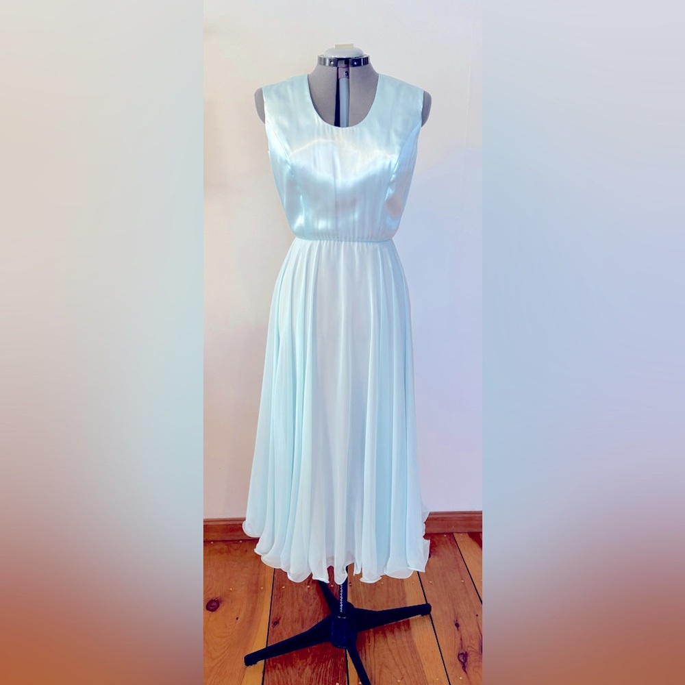 Vintage baby blue chiffon maxi dress with elastic waist and silky, satin bodice